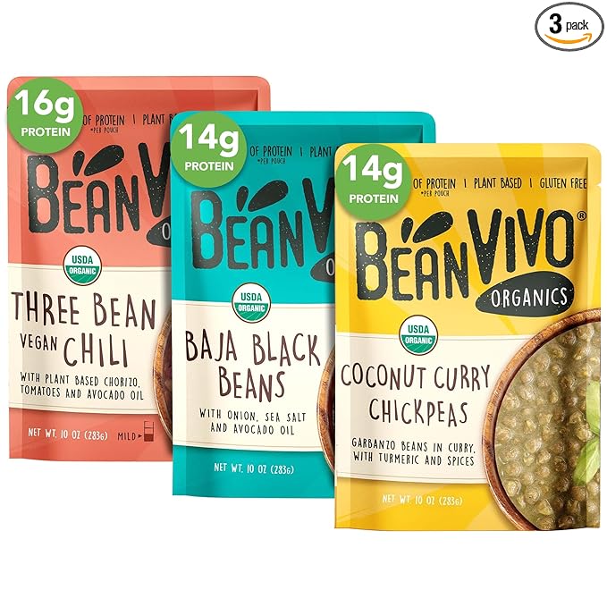 BeanVIVO - Variety 3 Pack (10 oz each) - Organic Baja Black Beans, Three Bean Vegan Chili, Coconut Curry Chickpeas - Seasoned & Ready to Eat, Plant Protein, Vegan, Gluten Free, Microwaveable, Instant Meals