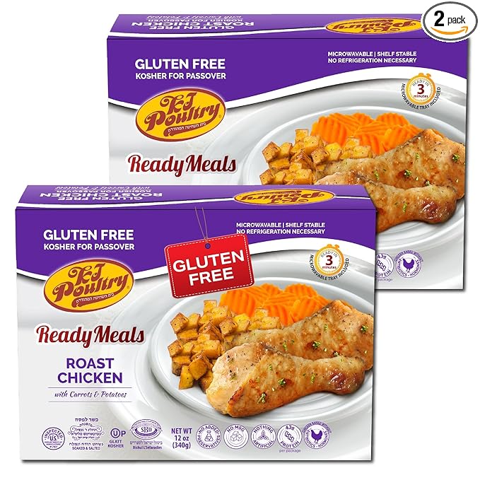 KJ Poultry Kosher for Passover Gluten Free Meals, Roast Chicken with Potato & Carrots, Halal, (2 Pack) Prepared Entree Fully Cooked, Shelf Stable Microwave Dinner, Travel Military Camping