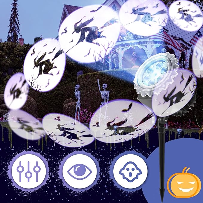 Halloween Projector Light with 1 Film Slides Holiday LED Projector Lights Outdoor Reflectors Waterproof Landscape Decorative Rotation Lighting Movement Projection Lamp(Witch)