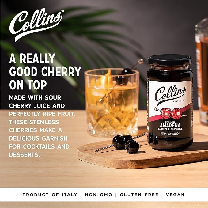 Collins Amarena Cherries in Syrup | Premium Garnish for Cocktails, Martinis, Old Fashioned, Manhattan, Chocolate, Dessert, Bourbon Accessories, 13.5oz