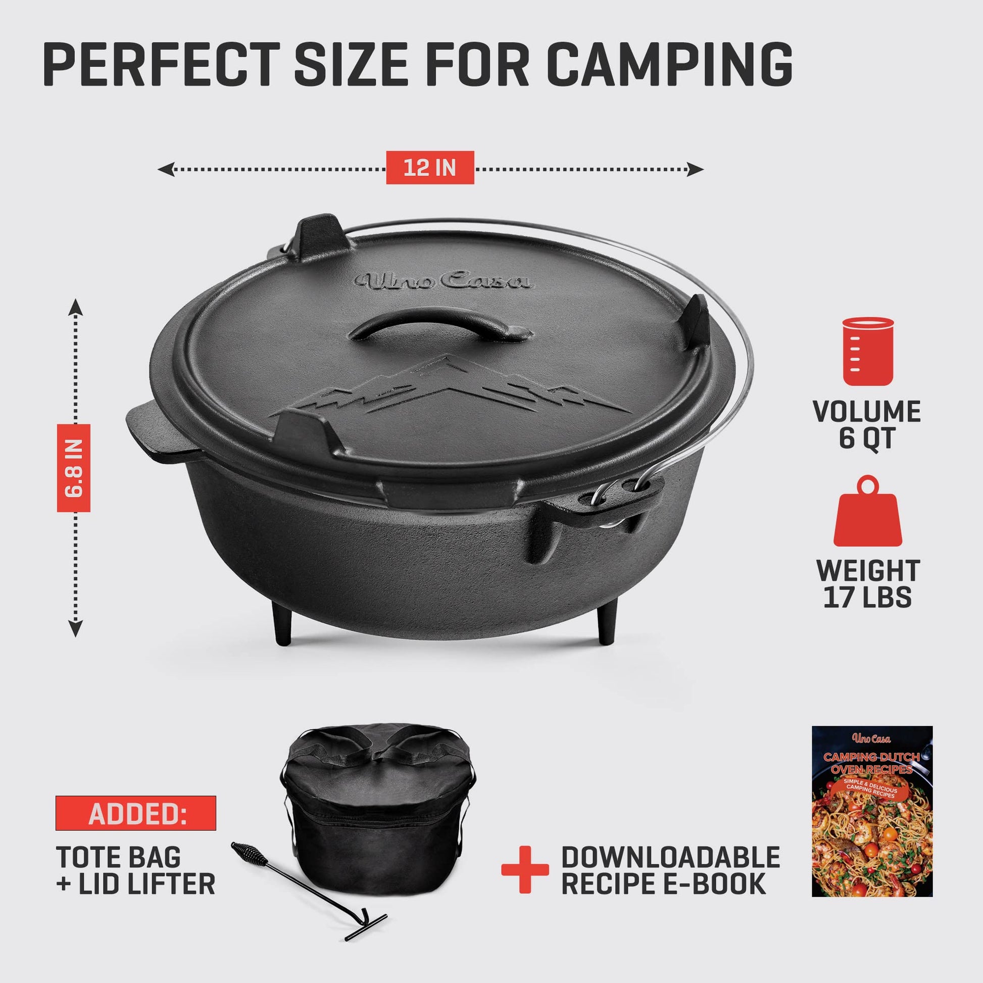 Uno Casa 6Qt Cast Iron Camping Dutch Oven with Lid Lifter and Storage Bag - Pre-Seasoned Outdoor