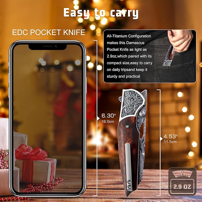 Damascus Pocket Knife, EDC Folding Knife, Titanium Frame Desert Ironwood Handle, Front Flipper and Thumb Stud Open