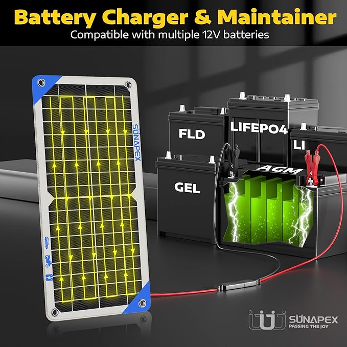 SUNAPEX Solar Battery Charger Maintainer, 10W 12V Portable Waterproof Solar Panel Trickle Charger with Built-in Charge Controller, Cig Plug, Alligator Clips, O-Rings for Car, Truck,Tractor, Boat, etc