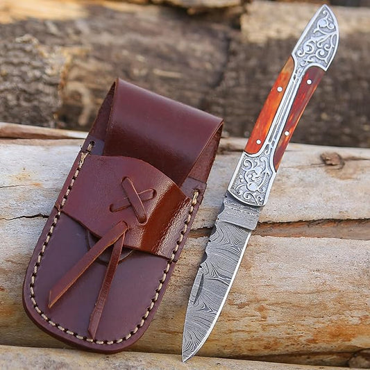 6.5 inch Damascus Pocket Knife with Sheath, Handmade Folding Pocket Knife for Men, Black-Red Wooden Handle with Brass Bolster, Secure Lock Back Camping Knife for EDC,Hunting,Hiking (Multi)