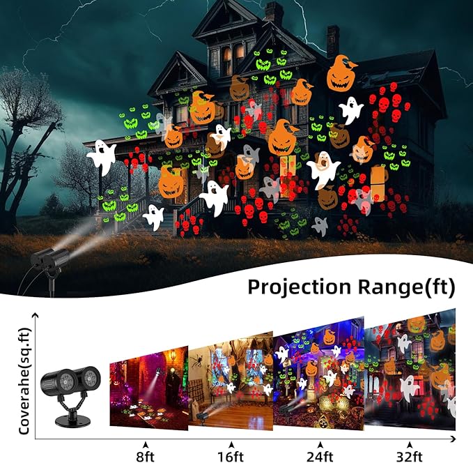 Double Head Halloween Projector Lights Outdoor with Timer,IP65 Waterproof Dynamic Halloween Ghost Skeleton Pumpkin Devil Face Lights for Home Window Wall Decor