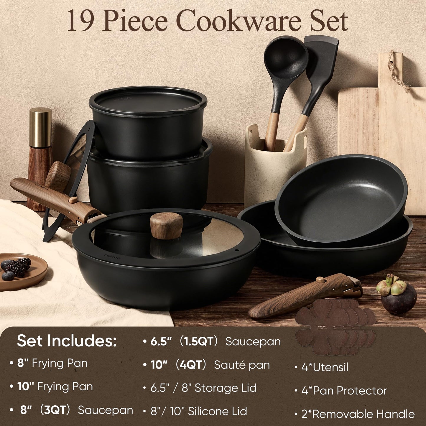 CAROTE 19pcs Pots and Pans Set Non Stick, Detachable Handle Cookware Set