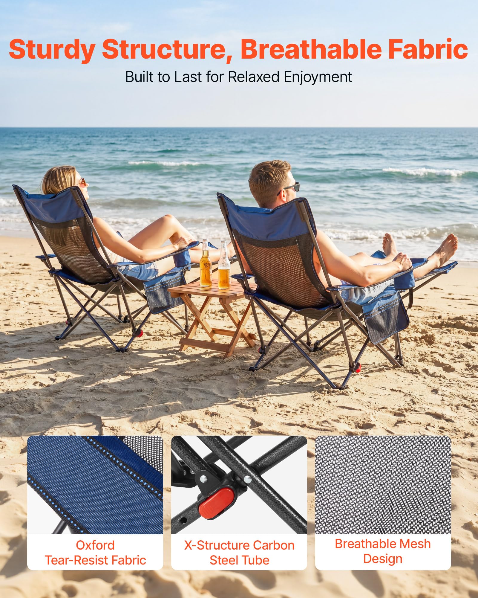 VEVOR 2-in-1 Reclining Camping Chair with Footrest for Adults, 4 Adjustable Positions, Portable