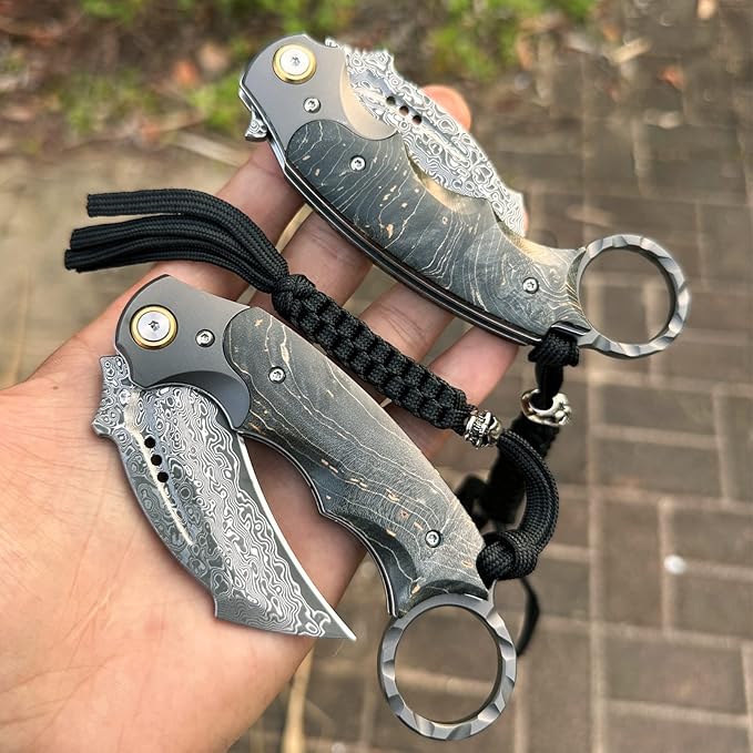 Handmade Damascus steel Folding Pocket EDCKnife，with cowhide sheath And pocket clipï¼?.8in blade Claw Hawkbill Folding Knife，Lining lock, wooden handle，Outdoor survival first-aid camping knife