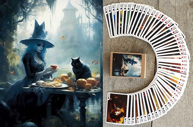 Wicca Witch Playing Cards (Poker Deck 54 Cards All Different) Elegant Witch Ladies with Black Cats Drinking Wine on Cemetery Vintage Illustration