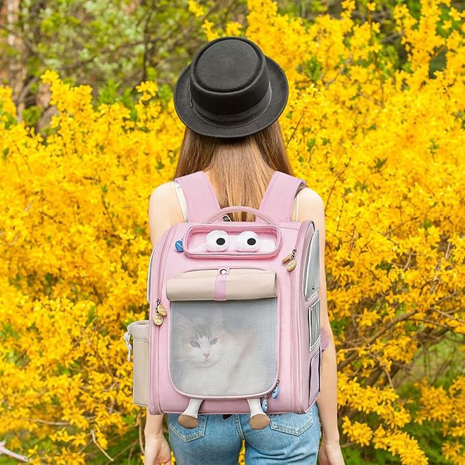 Pet Carrier Backpack, Dog Backpack with Waterproof Pu Leather, Cat Backpack with Breathable Mesh, Pet Bag Suitable for Climbing, Hiking, Traveling(Pink)