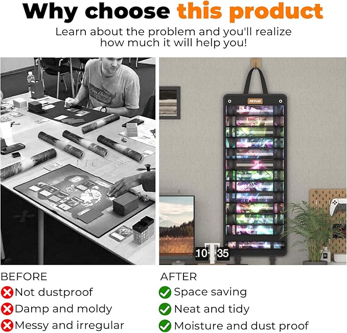 Playmat Tube Storage Bag,Hangable Playmat Holder for MTG with 2 Hooks,Securely Locks Game Mats,Fits 12+1 Card Game Mats with Clear Plastic Slots,TCG/MTG Game Mat Case(with Reinforced Elastic Strap)