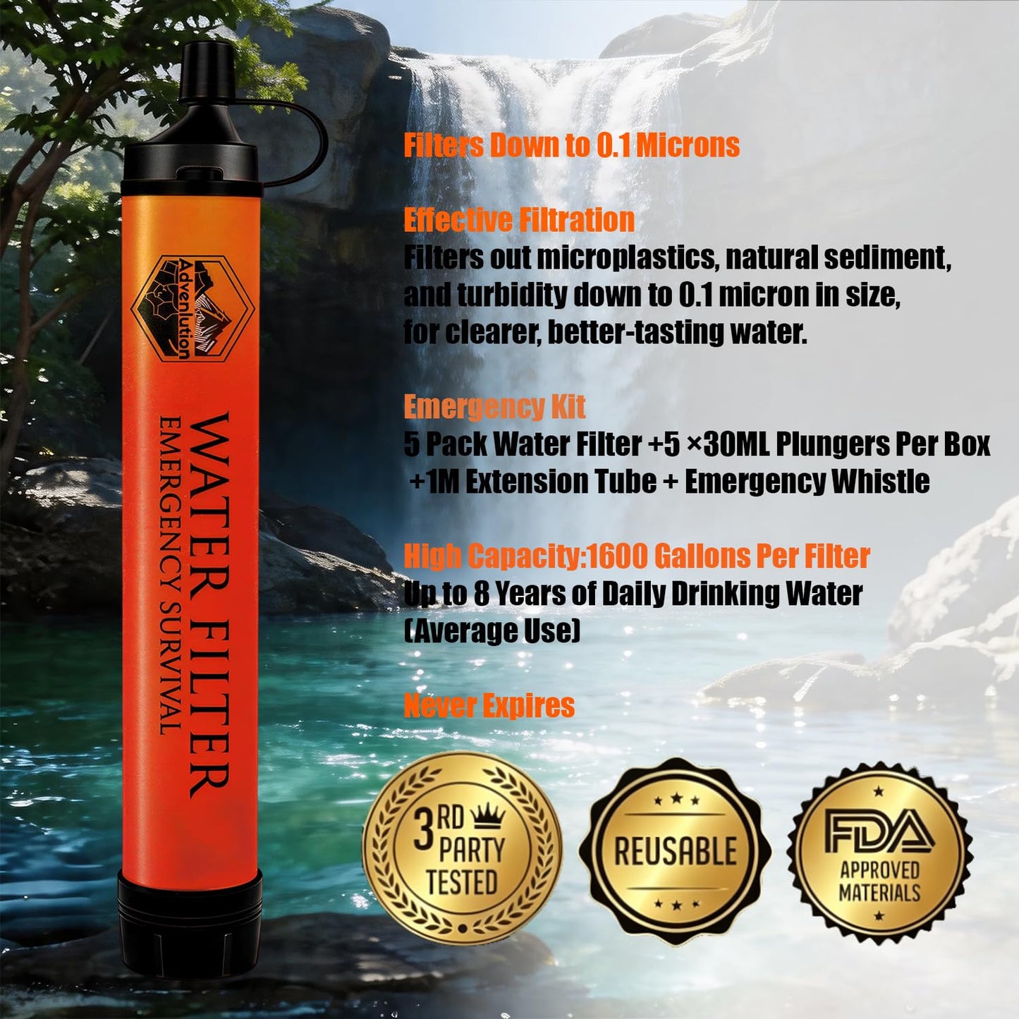 5-Pack Personal Water Filter Straw with Emergency Whistle, Portable Reusable Survival Filter for