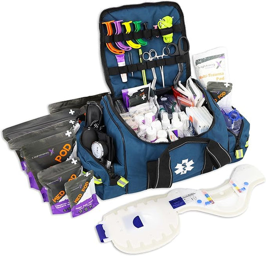 Lightning X MB30-SKC Large EMT Trauma Kit | Fully Stocked First Responder Bag w/ 240+ Supplies | EMS Fire Police Office Sports Team Emergency Medical Kit - Blue