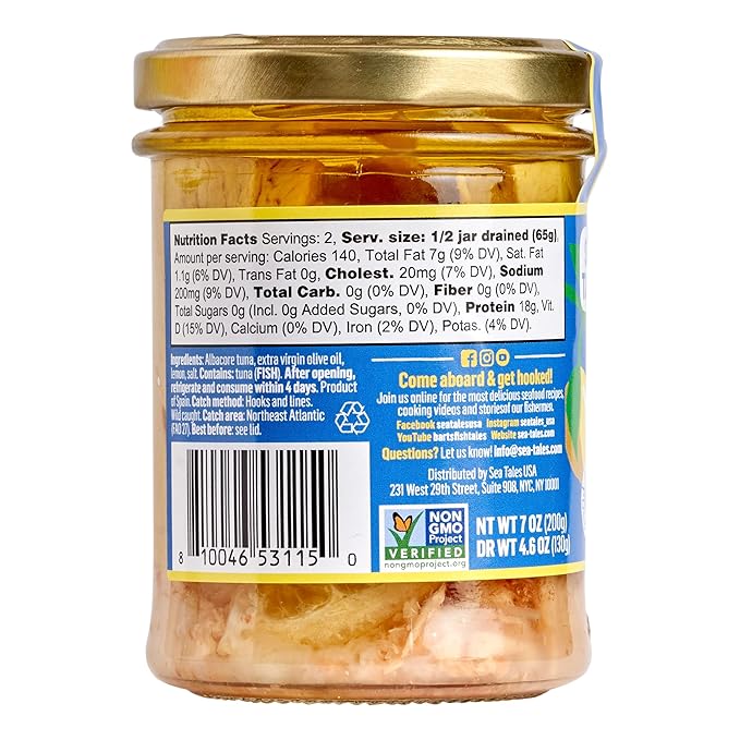 Sea Tales Albacore Fillets in Extra Virgin Olive Oil with Lemon in Jar - 100% Pole & Line Wild Sustainably Caught - High Protein Food - Keto Friendly - 7 oz. Jars (Pack of 6)