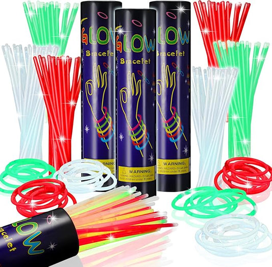 Hanaive 300 Pcs Glow Sticks Bulk 8 Inch Glow in The Dark Party Favors Neon Bracelets and Necklaces Light up Sticks with Connectors for Holiday Birthday Party Supplies(Red, Green, White)