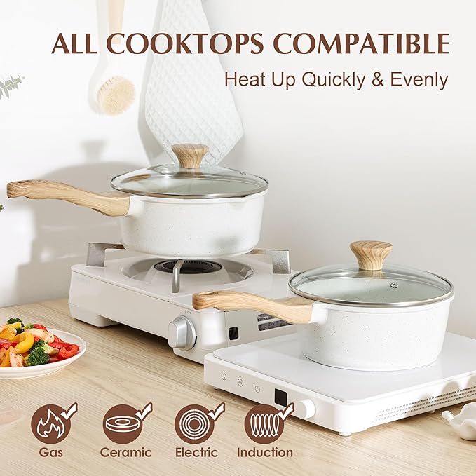 SENSARTE White Ceramic Nonstick Saucepan with Lid 2.5 Quarts, Medium Cooking Pot with Stay Cool Handle, Induction Compatible Saucepot, White Granite Coating, Free of Intentionally Added PTFE/PFOA/PFAS