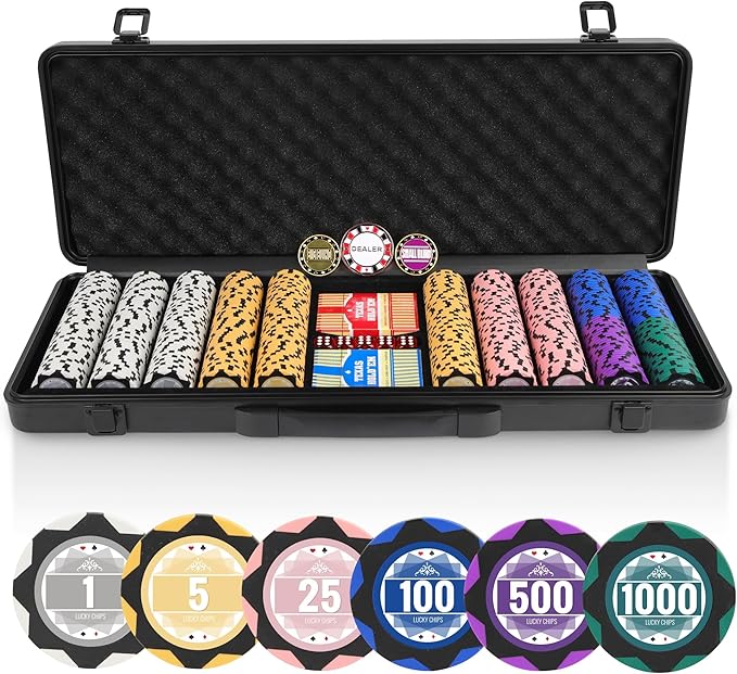 ORIENGEAR Poker Chip Set with Denominations 500 PCS with 14 Gram Numbered Clay Chips, Texas Hold?™em Casino Chip Sets with 2 Decks of Plastic Playing Cards, for Blackjack Gambling Games, Black Case
