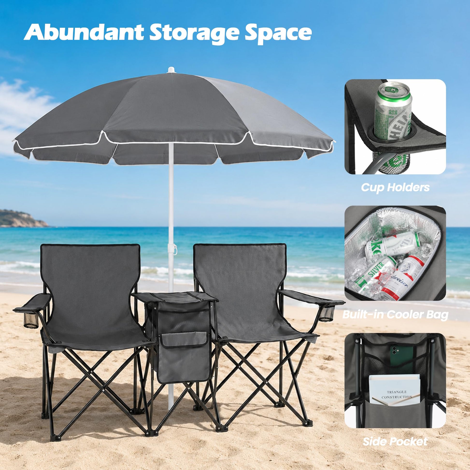 DOALBUN Folding Double Camping Chair with Umbrella Portable Picnic Chair