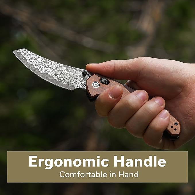 CIVIVI Sixgill Folding Pocket Knife for EDC, 3.41'' Damascus Blade Guibourtia Wood Handle, Deep Carry Reversible Clip, Gift for Men Women C24050-DS1