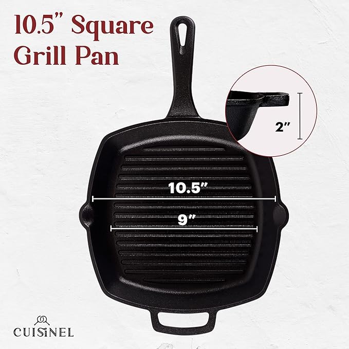 Cuisinel Cast Iron Grill Pan + Rectangular Cast Iron Grill Press + Tempered Glass Lid + Pan Scraper ??Pre-Seasoned Ribbed Skillet ??10.5"-Inch Square Grilling Indoor/Outdoor Camping Fire BBQ Cookware
