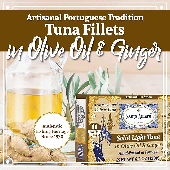 Santo Amaro - Artisanal Wild Tuna Fillets in Olive Oil & Ginger, Pole & Line Wild Caught Tuna from Portugal, Hand-Packed Bali-Style Canned Tuna Fish, 22g Protein, Paleo, Keto, Low Mercury, Pack of 3