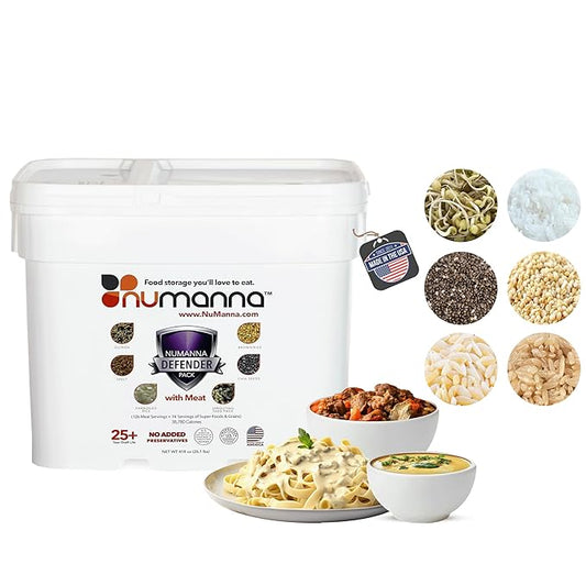 Numanna Defender Pack with Meat Bucket 216 Servings | 1-Month Emergency Food Supply with Protein | Easy-to-Prepare Survival Meals for Prepping, Camping & Daily Use | 25+ Year Shelf Life | Made in USA