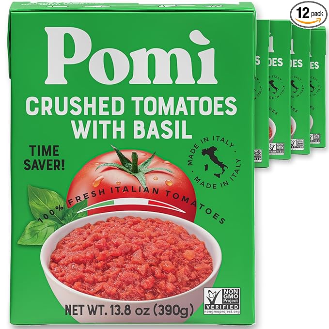 Pomì Crushed Tomatoes with Basil - Creamy, Velvety Italian Sauce, No Salt, Additives/Preservatives, GMO-Free, Gluten-Free, 100% Fresh Tomatoes, 13.8oz (Pack of 12)