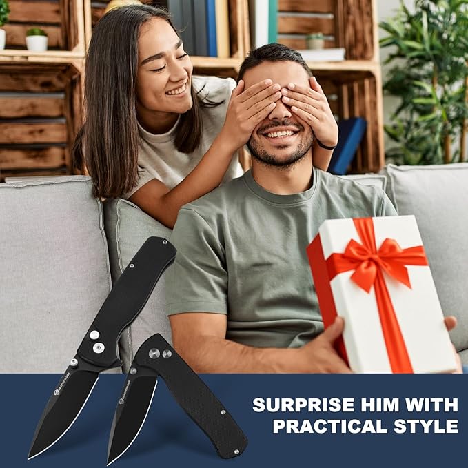 14C28N Pocket Knife for Men with Button Lock Safety Switch Y-M Tactical Folding knife with Clip, G10 Handle and Versatile Nylon Sheath for EDC, Camping, Hiking