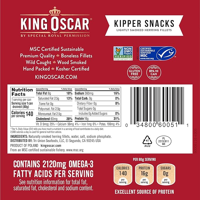 King Oscar Kipper Snacks, 3.54 Ounce Cans (Pack of 1), Lightly Smoked Herring Fillets, Wild Caught Canned Herring