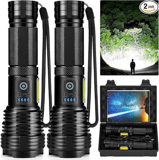 Flashlight LED Rechargeable Flashlights High Lumens, 99,000 LM Super Bright Powerful Flashlight, High Powered Flash Lights Waterproof Handheld Flashlights for Home Camping Hiking(2 Pack)