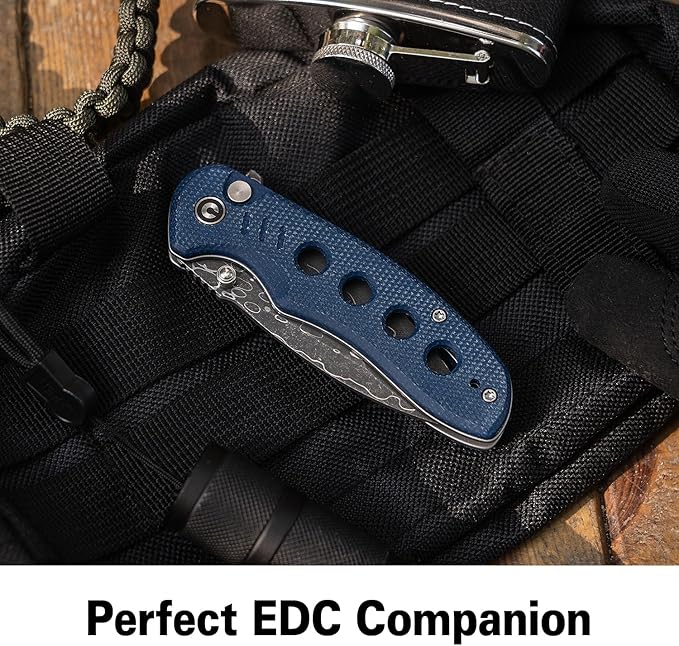 CIVIVI Triptych Folding Pocket Knife, 2.97" Damascus Blade Micarta Handle with Reversible Clip, Button Lock Knife for EDC Camping Hiking C23085B-DS1, Blue