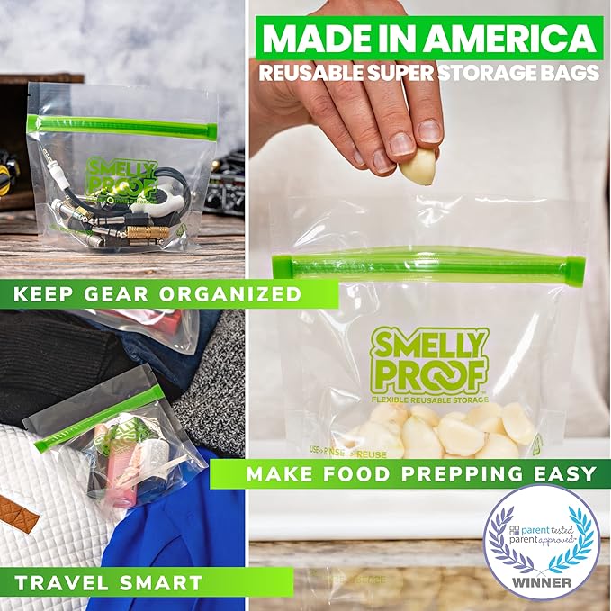 Smelly Proof 25 x Expandable Stand-Up & Fill REUSABLE Food Storage Bags Designed, US Made, PEVA & BPA FREE, Reusable Freezer Bags, Dishwasher-Safe, Clear 3 mils STAND & FILL 4" x 3" - 25pk