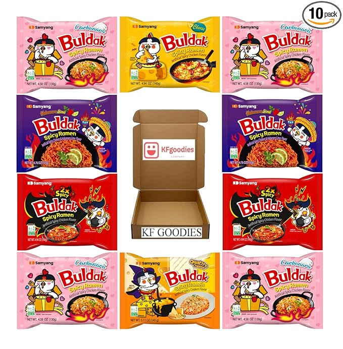 KF GOODIES Korean Ramen Variety Pack Gift Box (10 Count) – Spicy Buldak Noodle Assortment for Birthdays, College Care Packages, Office Snacks, and Gift Baskets