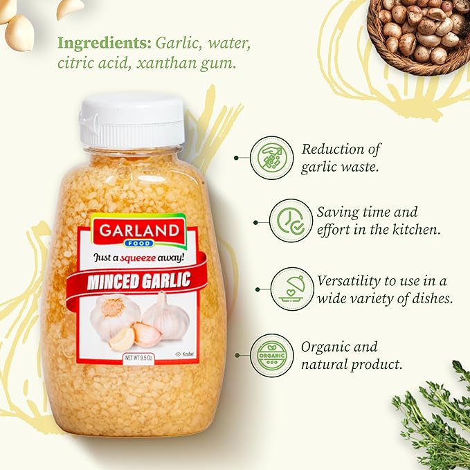 Garland Food Squeezable Minced Garlic in Water 9.5 oz ??Made in the USA - Garlic Minced Squeeze Bottle for Fresh Flavor, Time-Saving Prep, and Versatile Uses in Every Dish