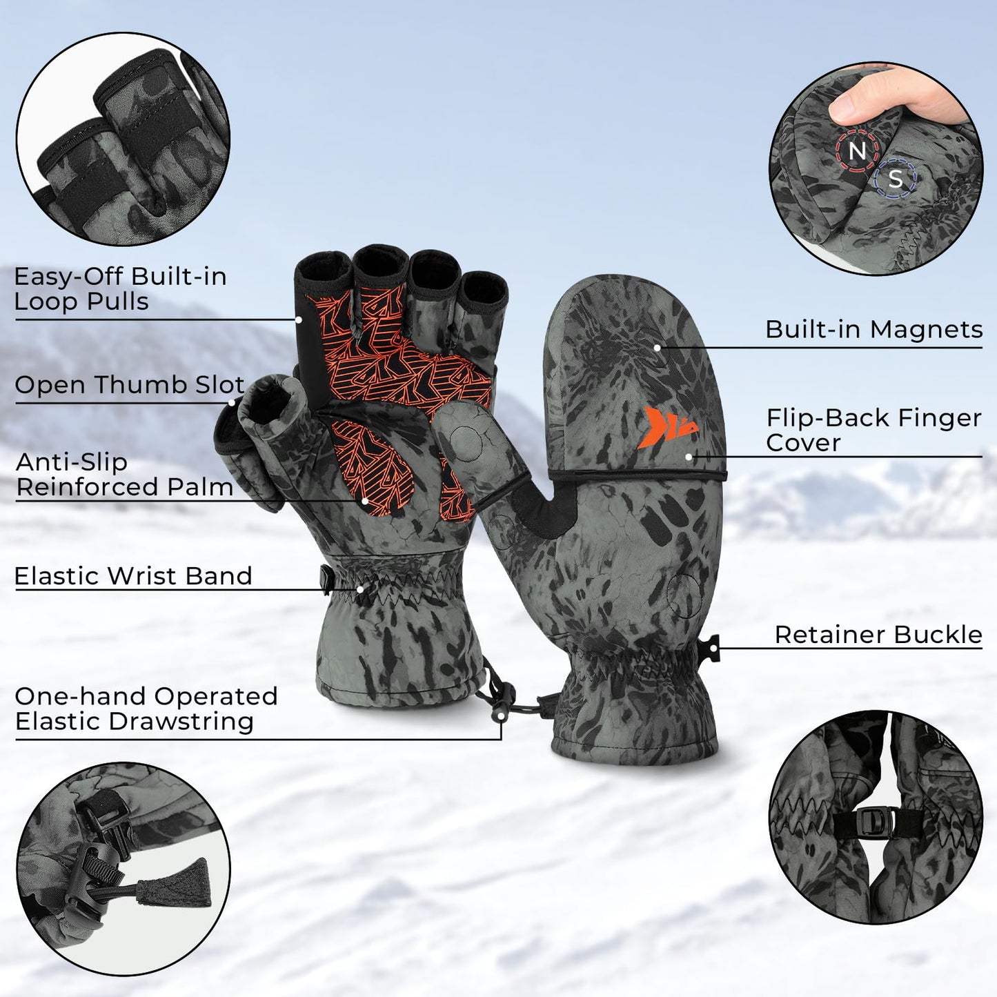 KastKing PolarBlast Ice Fishing Gloves Convertible Mittens for Men & Women