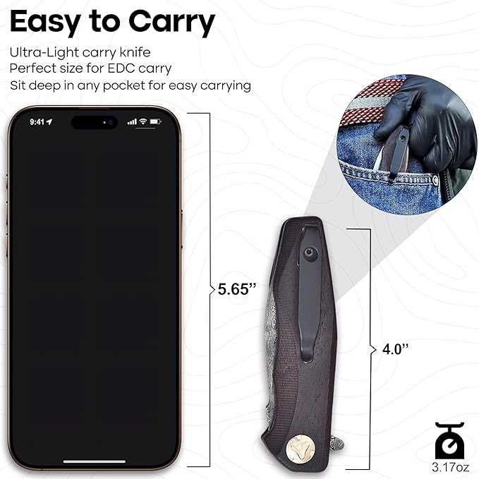 Damascus Pocket Knife with Clip, Damascus Steel Folding Knives for Men Women - EDC Knife with Sheath for Camping, Hiking