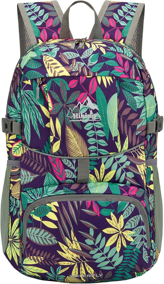 WATERFLY Hiking Foldable Daypack Backpack: 25L Ultra Lightweight Waterproof Day Pack for Woman Man - Small Compact Packable Folding Back Pack for Outdoor Sport Cycling Biking Travel Trip - Print