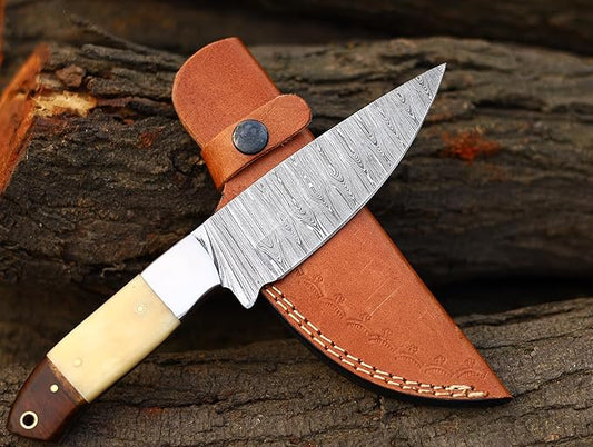 Fixed Blade Hunting Knife With Camel Bone Handle, Damascus Steel Sharp Blade, Full Tang - Leather Sheath for Outdoor Camping, Skinning, Hiking, Fishing, Bushcraft Survival (Bone Handle)