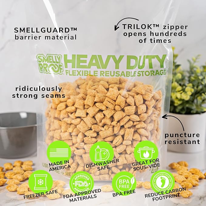 Smelly Proof HEAVY DUTY Reusable STAND-UP Bags for Food Storage, USA Made, NO PEVA & BPA FREE, Reusable Freezer Bags, Dishwasher-Safe, Triple Zip, CLEAR 5-mils XXL 2-Gallon 12" x 16" - 5pk