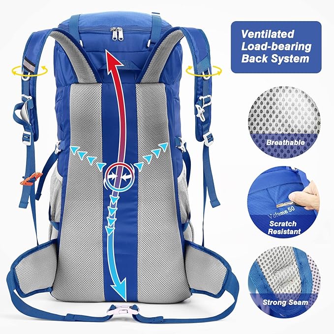HOMIEE 50L Hiking Backpack Travel Bag Waterproof Camping Rucksack with Rain Cover Lightweight Backpacking Backpack