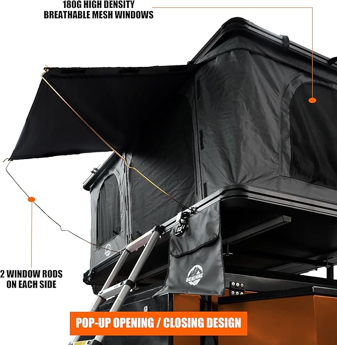 Rooftop Tent Hard Shell, BENEHIKE Alumabode V2 Aluminum Hard Shell Pop-up Rooftop Tent for Van Jeep SUV Truck Car Tents for Camping (2~3 Person)