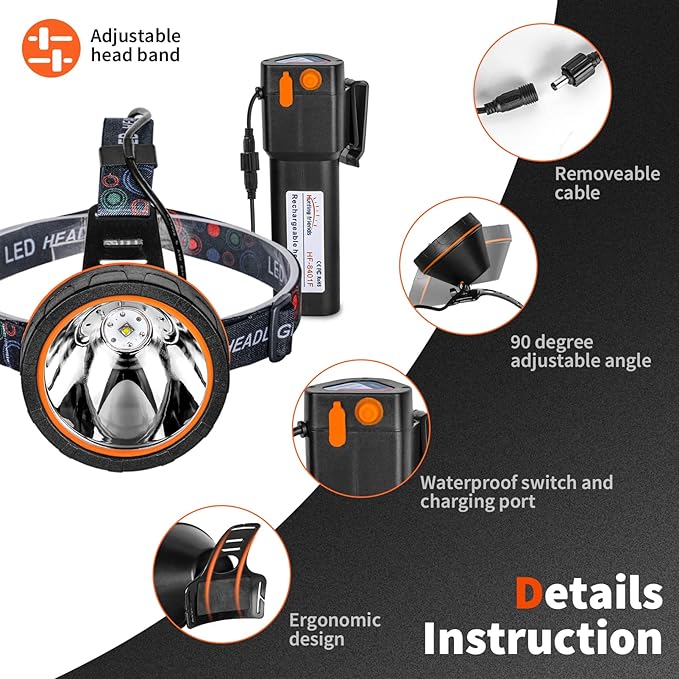 Super Bright LED Coon Hunting Headlamp - High Lumen Rechargeable Waterproof Headlight, Long-Range Beam Searchlight for Hunting, Fishing, Outdoor, Camping, Durable Adjustable Head Torch, Hands-Free