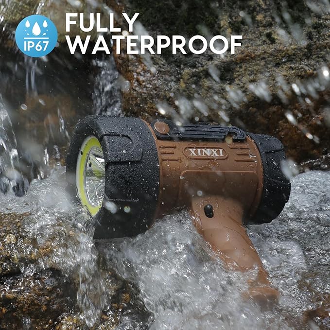XINXI Super High Bright Rechargeable Spotlight with COB Floodlight, 6 Light Modes and USB Charger for Hiking, Boating, Hunting, IP67 Waterproof Handheld Flashlight with red Filter(Brown)