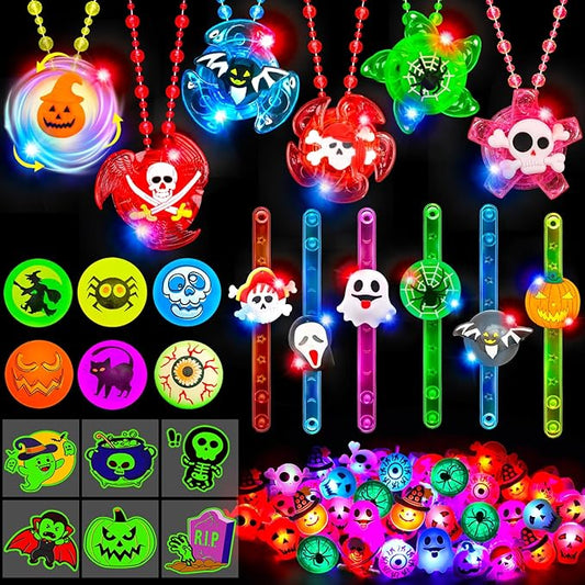 90 PCS Halloween Party Favors for Kids, Glow in The Dark Party Supplies LED Halloween Toys Bulk Light Up Necklace Bracelet Ring Halloween Treats Goodie Bag Fillers Classroom Prizes Trick or Treat Gift