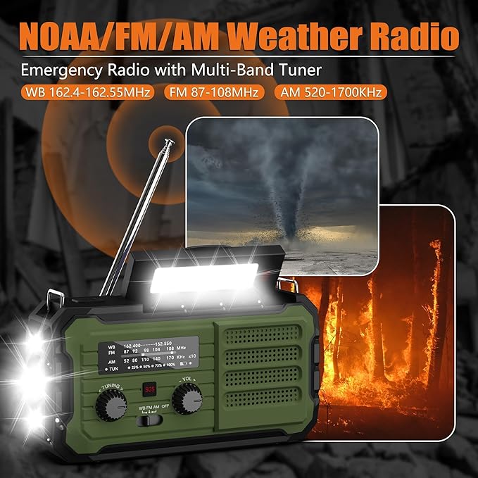 Emergency Radio Hand Crank Solar, 10000mAh/37000mWh Emergency Weather Radio, Hand Crank Solar Radios with NOAA/AM/FM, Rechargeable Headlamp, Thermal Blanket, Survival Bracelet, for Home & Outdoor