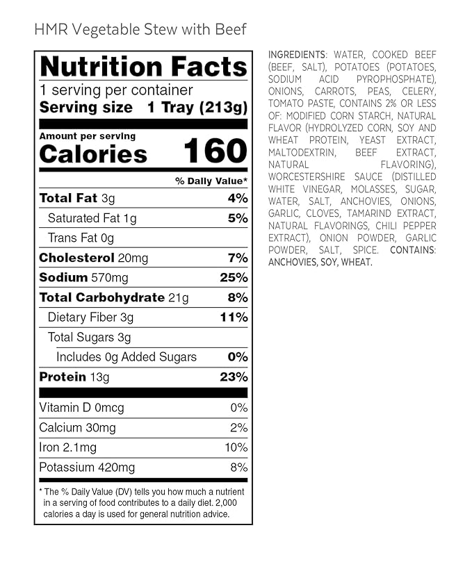 HMR Entrees Meals 6-Pack Vegetable Stew with Beef | Low Calorie Microwave Meals for Weight Loss | Ready to Eat Dinner | Premade Shelf-Stable Ready in 60 Seconds