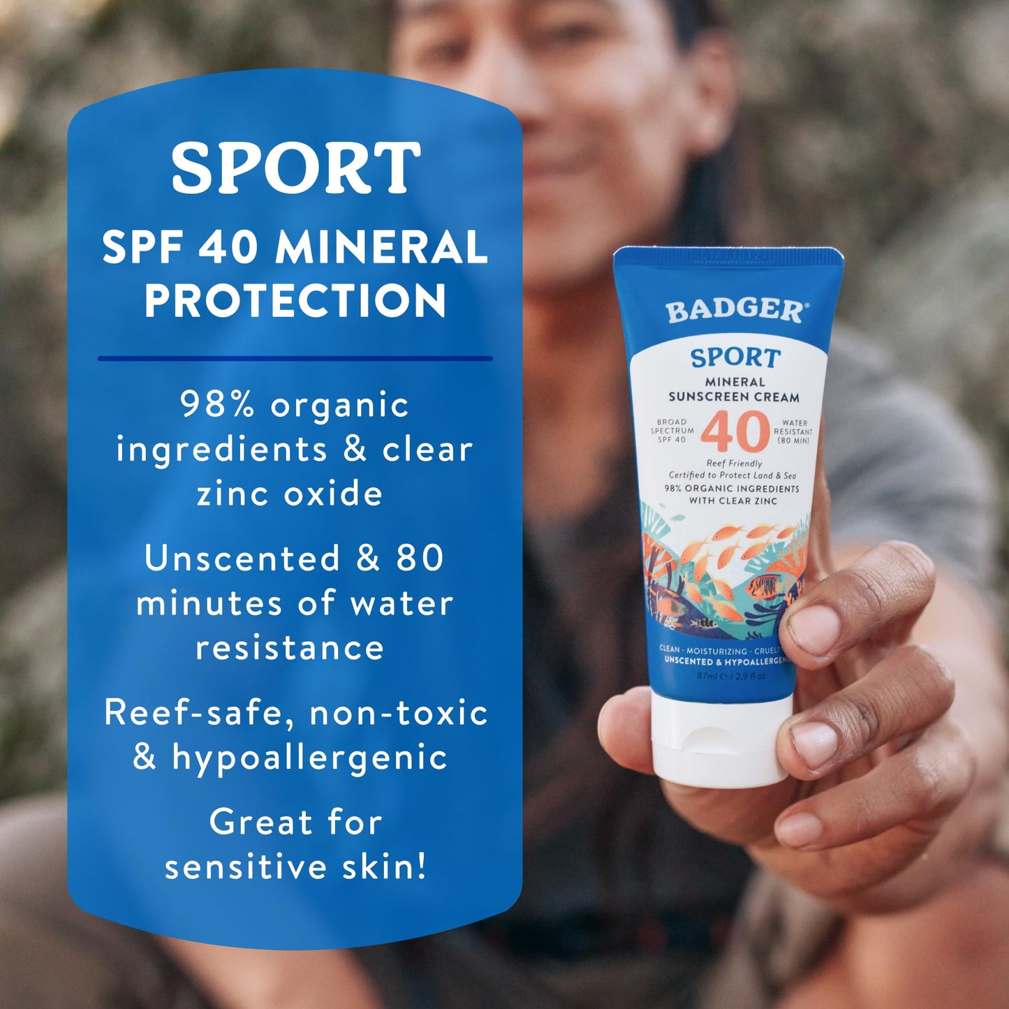 Badger Sport Mineral Sunscreen, Reef Safe, SPF 40, 98% Organic with Zinc Oxide, Water Resistant