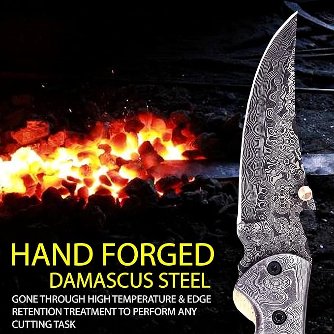 Handmade Damascus Folding Knife for Men with Burn Bone, 7.5 inch Pocket Knife with Sheath,Tactical Camping Knife with Liner Lock for Outdoor, Survival, Hunting, Fishing,