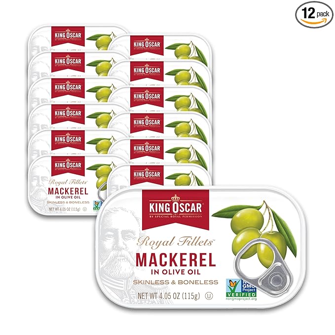 King Oscar Mackerel in Olive Oil, 4.05 Ounce Can (Pack of 12, Packaging May Vary), Skinless & Boneless, Wild Caught Canned Mackerel