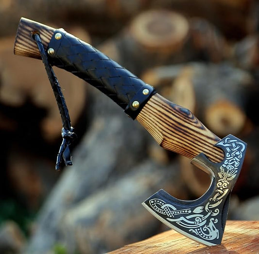 SHINY CRAFTS®- Hand-Forged Viking Axe for Men Leather-Wrapped Handle & Sheath Great for Birthdays, Holidays, or Weddings (SCA-19)